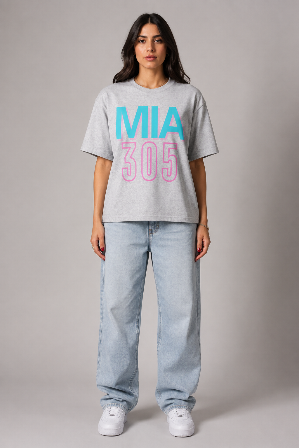 Miami 305 Skyline 240 GSM Heavyweight Boxy T-Shirt, Heather Gray front-view full-body women’s studio model photo, Miami | City 2 City Wear