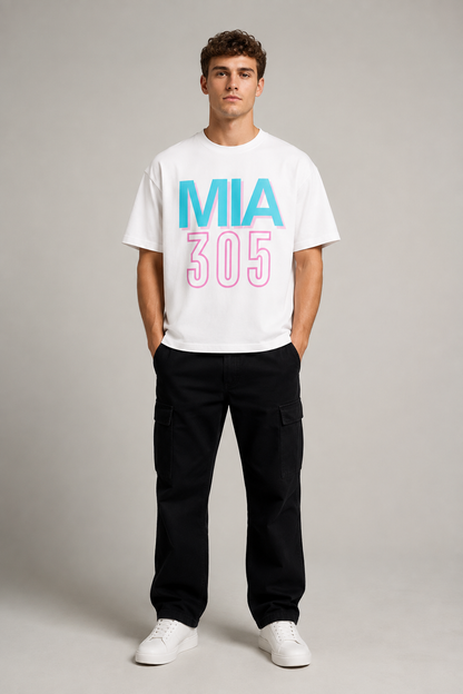 Miami 305 Skyline 240 GSM Heavyweight Boxy T-Shirt, White front-view full-body men’s studio model photo, Miami | City 2 City Wear