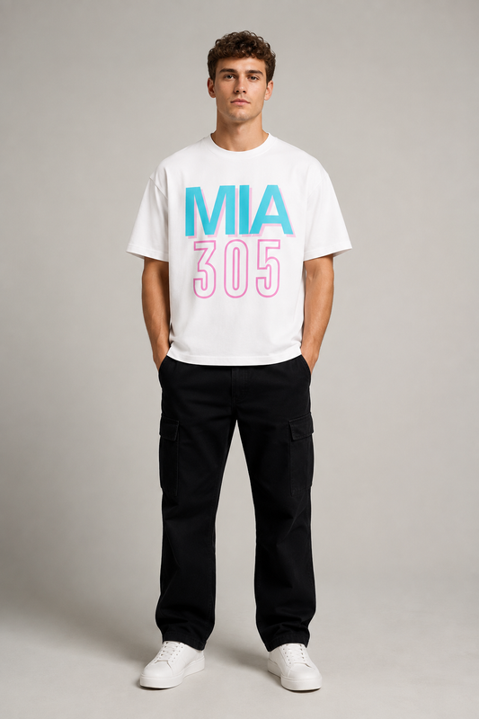 Miami 305 Skyline 240 GSM Heavyweight Boxy T-Shirt, White front-view full-body men’s studio model photo, Miami | City 2 City Wear