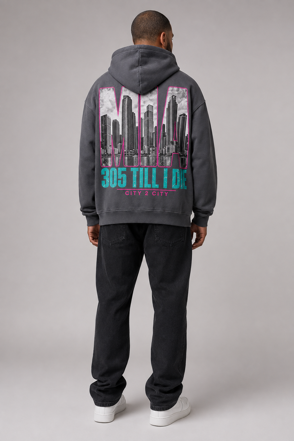 Miami 305 Till I Die Skyline 440 GSM Oversized Hoodie, Carbon Gray back-view full-body men’s studio model photo, Miami | City 2 City Wear