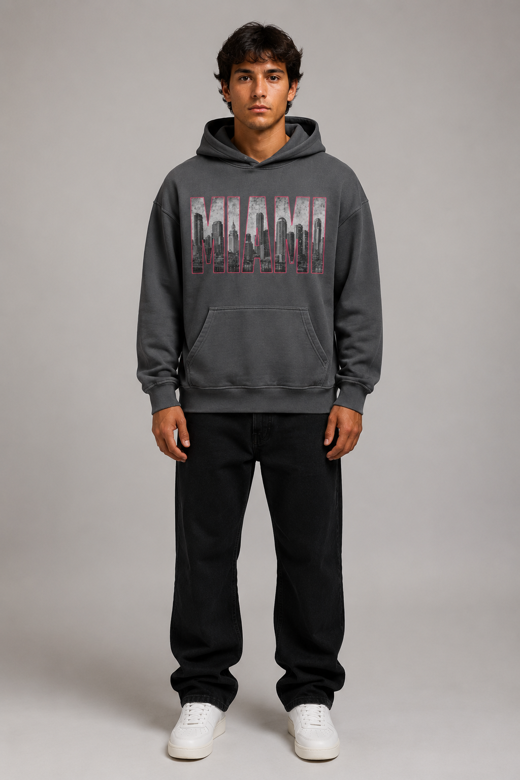 Miami 305 Till I Die Skyline 440 GSM Oversized Hoodie, Carbon Gray front-view full-body men’s studio model photo, Miami | City 2 City Wear