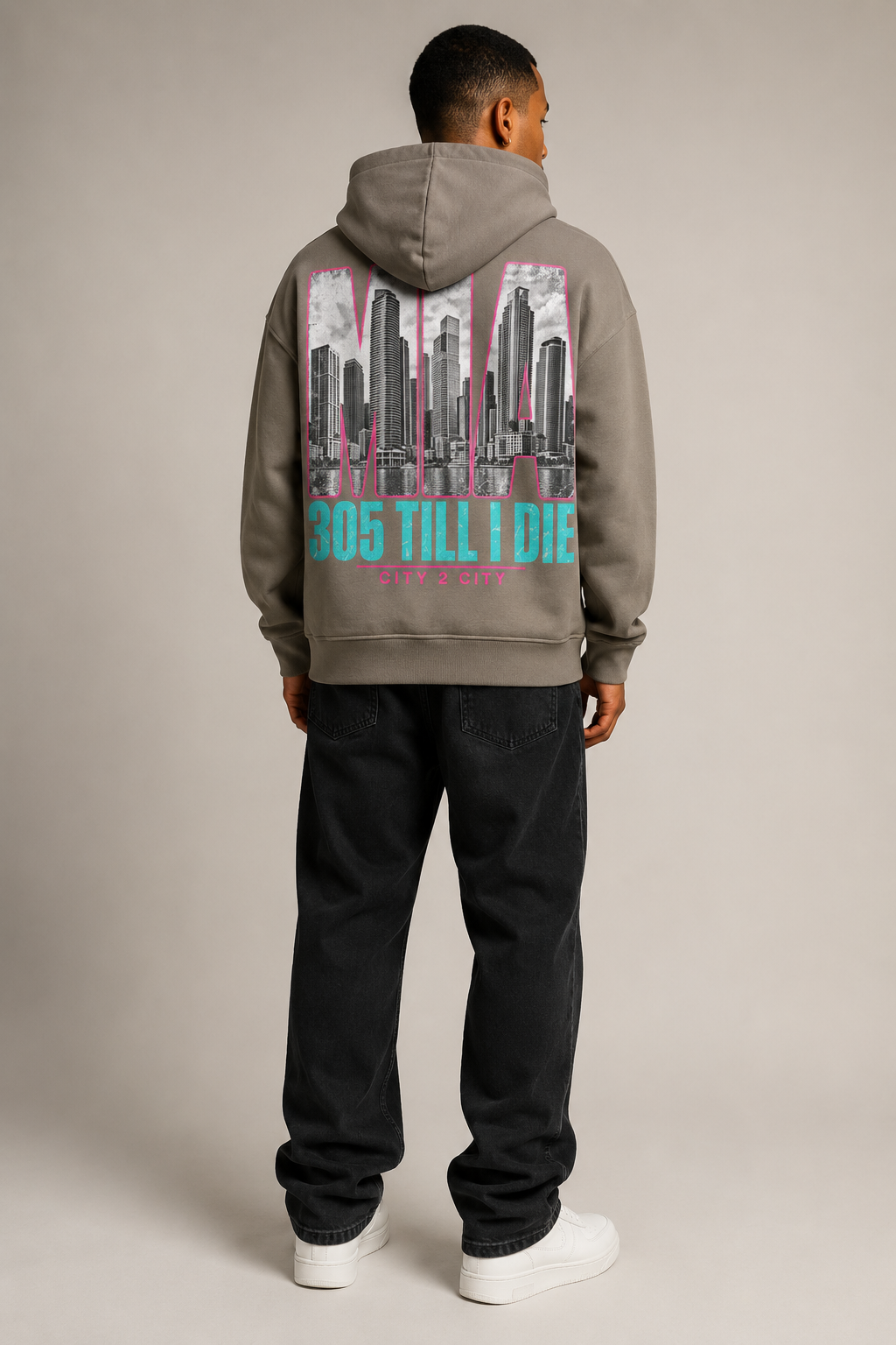 Miami 305 Till I Die Skyline 440 GSM Oversized Hoodie, Friar Gray back-view full-body men’s studio model photo, Miami | City 2 City Wear