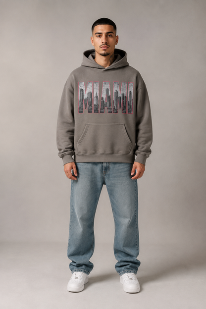 Miami 305 Till I Die Skyline 440 GSM Oversized Hoodie, Friar Gray front-view full-body men’s studio model photo, Miami | City 2 City Wear