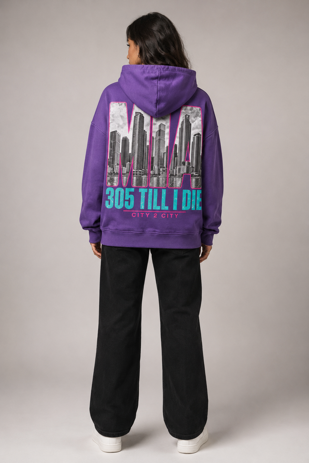 Miami 305 Till I Die Skyline 440 GSM Oversized Hoodie, Purple Haze back-view full-body women’s studio model photo, Miami | City 2 City Wear
