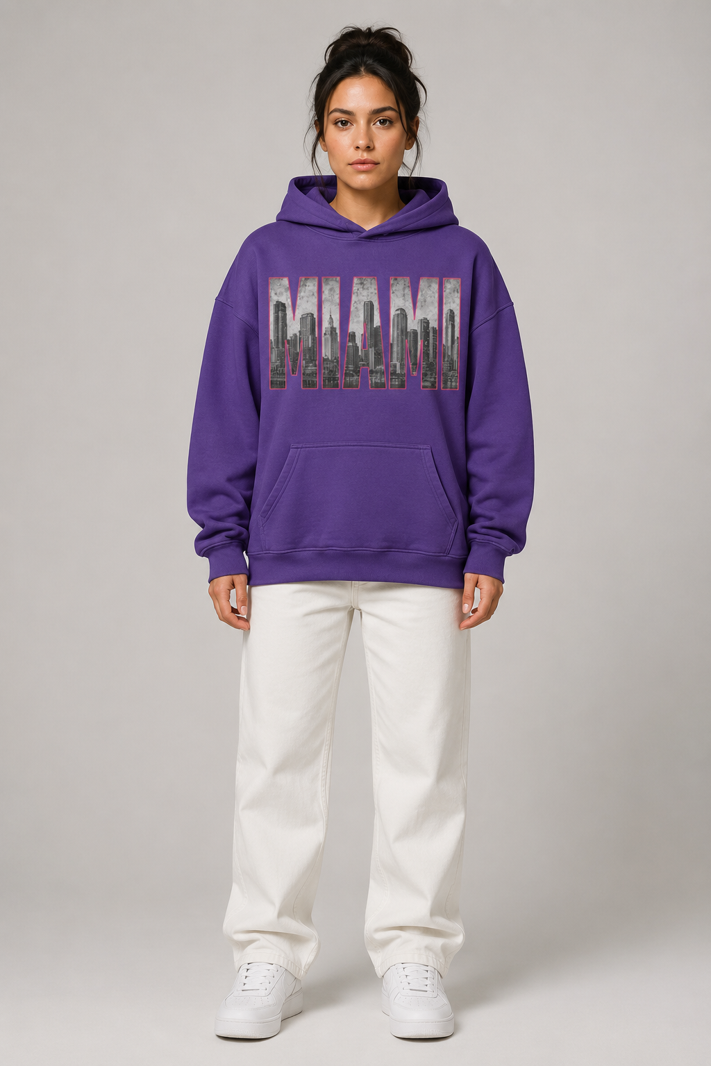 Miami 305 Till I Die Skyline 440 GSM Oversized Hoodie, Purple Haze front-view full-body women’s studio model photo, Miami | City 2 City Wear