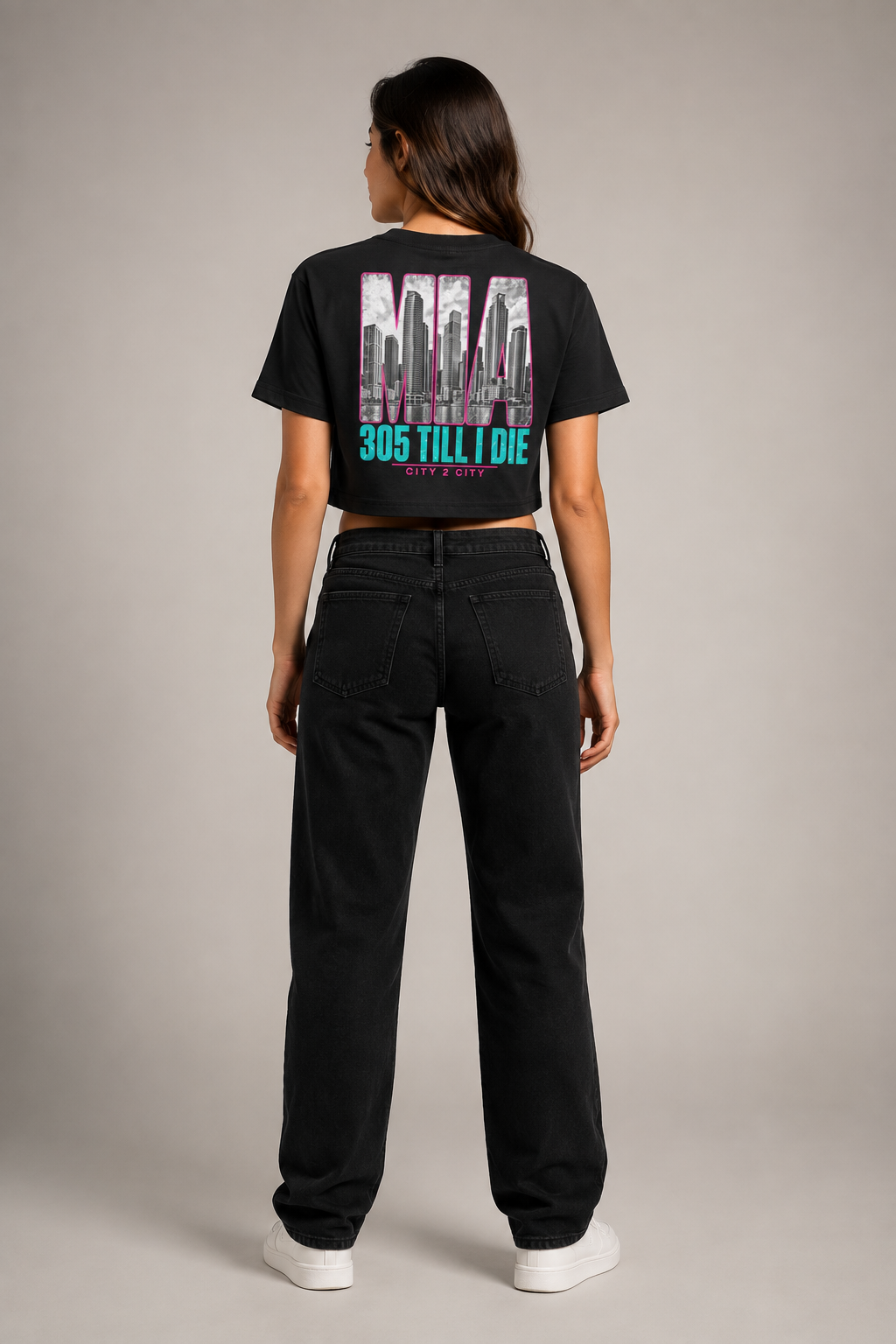 Miami 305 Till I Die Skyline Women’s Crop T-Shirt, Black back-view full-body women’s studio model photo, Miami | City 2 City Wear