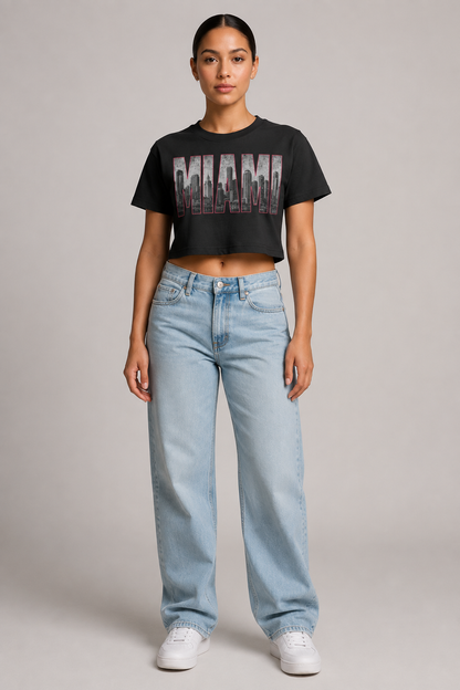 Miami 305 Till I Die Skyline Women’s Crop T-Shirt, Black front-view full-body women’s studio model photo, Miami | City 2 City Wear