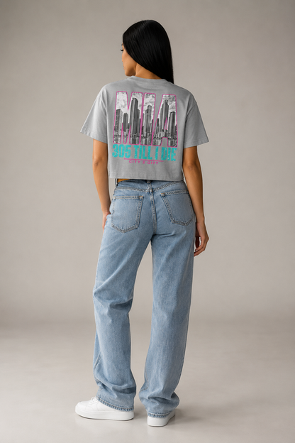 Miami 305 Till I Die Skyline Women’s Crop T-Shirt, Light Gray back-view full-body women’s studio model photo, Miami | City 2 City Wear