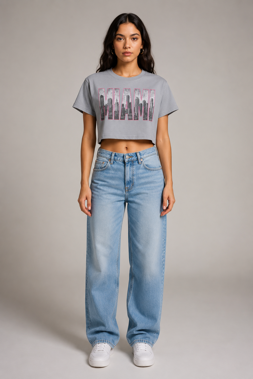 Miami 305 Till I Die Skyline Women’s Crop T-Shirt, Light Gray front-view full-body women’s studio model photo, Miami | City 2 City Wear