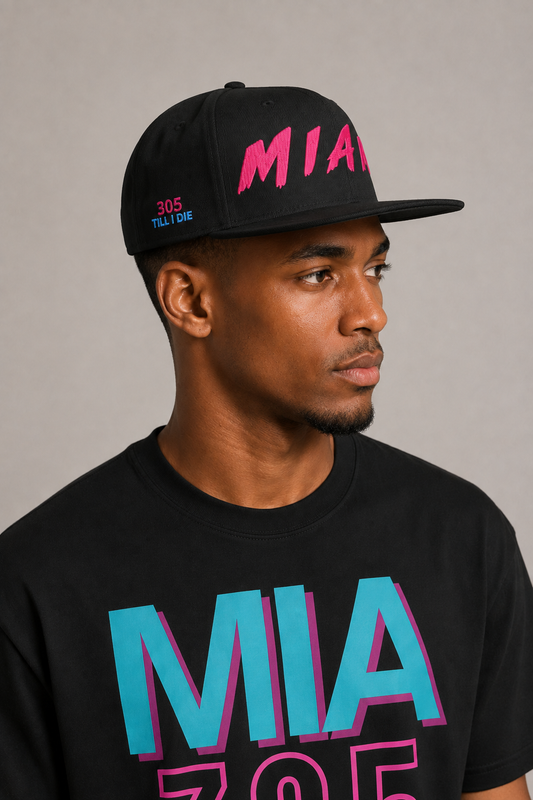 Miami 305 Till I Die Black Embroidered Snapback Hat — side-profile Miami model close-up showing hot-pink 305 and electric-blue TILL I DIE embroidery | City 2 City Wear