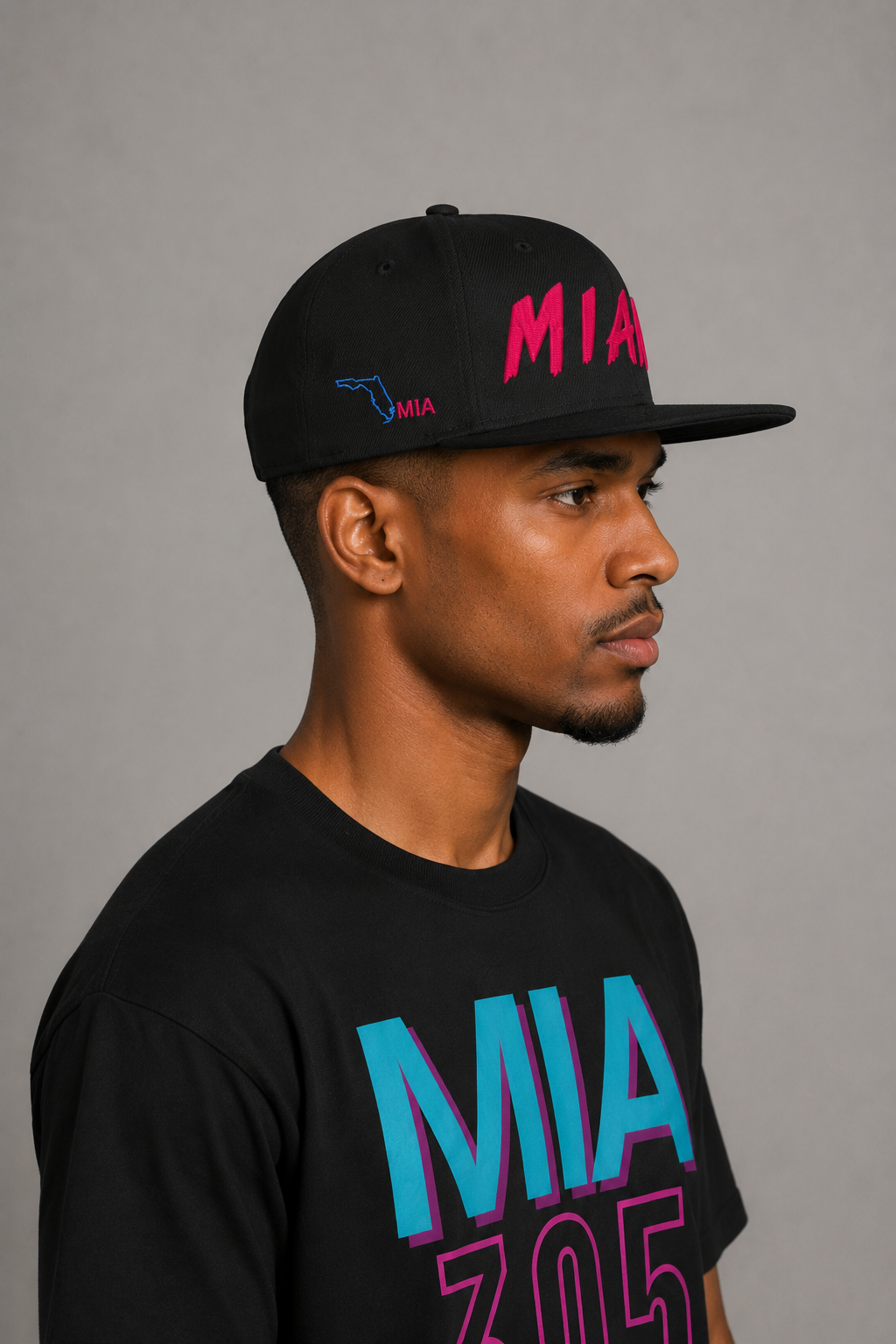 Miami 305 Till I Die Black Embroidered Snapback Hat — opposite-side Miami model close-up showing electric-blue Florida outline and hot-pink MIA embroidery | City 2 City Wear