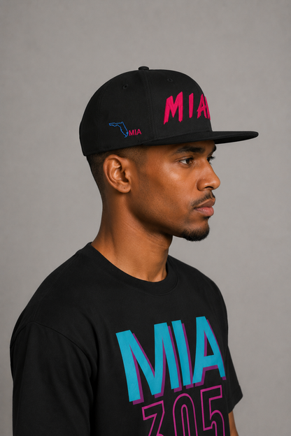 Miami 305 Till I Die Black Embroidered Snapback Hat — opposite-side Miami model close-up showing electric-blue Florida outline and hot-pink MIA embroidery | City 2 City Wear