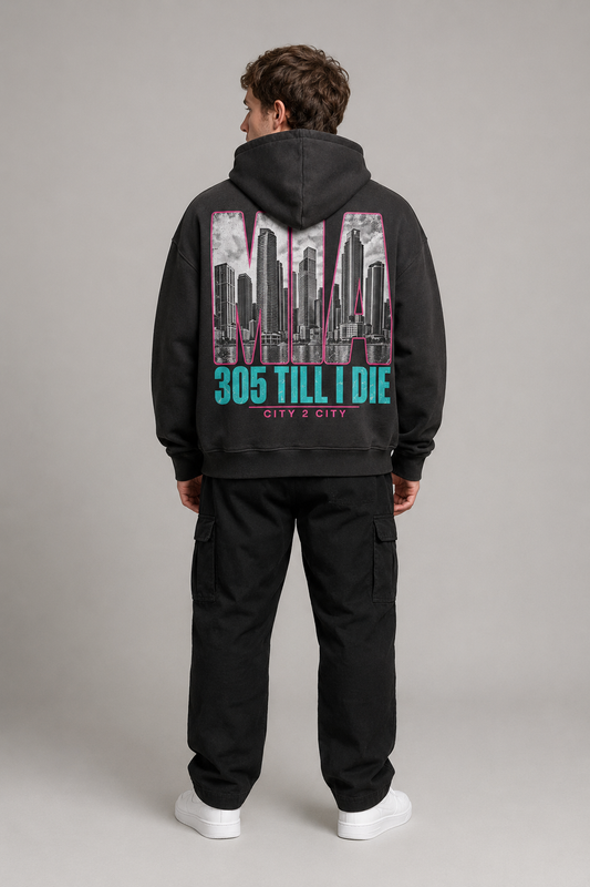 Miami 305 Till I Die Skyline 440 GSM Oversized Hoodie, Faded Black back-view full-body men’s studio model photo, Miami | City 2 City Wear