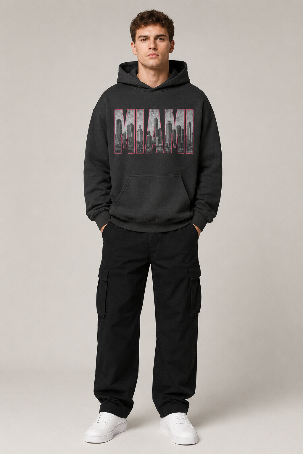 Miami 305 Till I Die Skyline 440 GSM Oversized Hoodie, Faded Black front-view full-body men’s studio model photo, Miami | City 2 City Wear