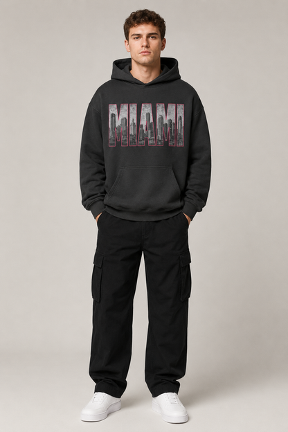 Miami 305 Till I Die Skyline 440 GSM Oversized Hoodie, Faded Black front-view full-body men’s studio model photo, Miami | City 2 City Wear