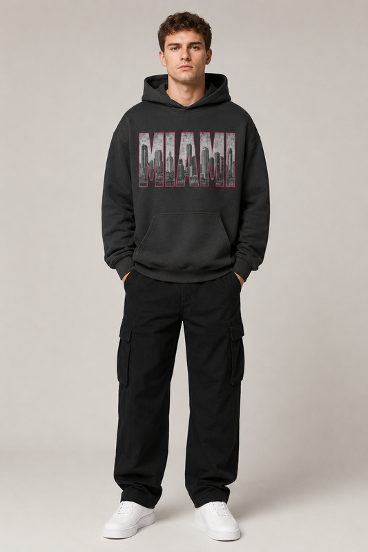Miami 305 Till I Die Skyline 440 GSM Oversized Hoodie, Faded Black front-view full-body men’s studio model photo, Miami | City 2 City Wear