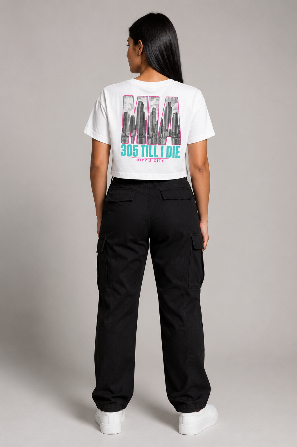 Miami 305 Till I Die Skyline Women’s Crop T-Shirt, White back-view full-body women’s studio model photo, Miami | City 2 City Wear