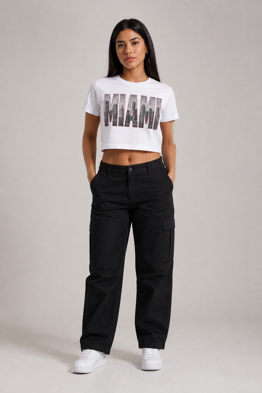 Miami 305 Till I Die Skyline Women’s Crop T-Shirt, White front-view full-body women’s studio model photo, Miami | City 2 City Wear