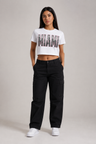 Miami 305 Till I Die Skyline Women’s Crop T-Shirt, White front-view full-body women’s studio model photo, Miami | City 2 City Wear
