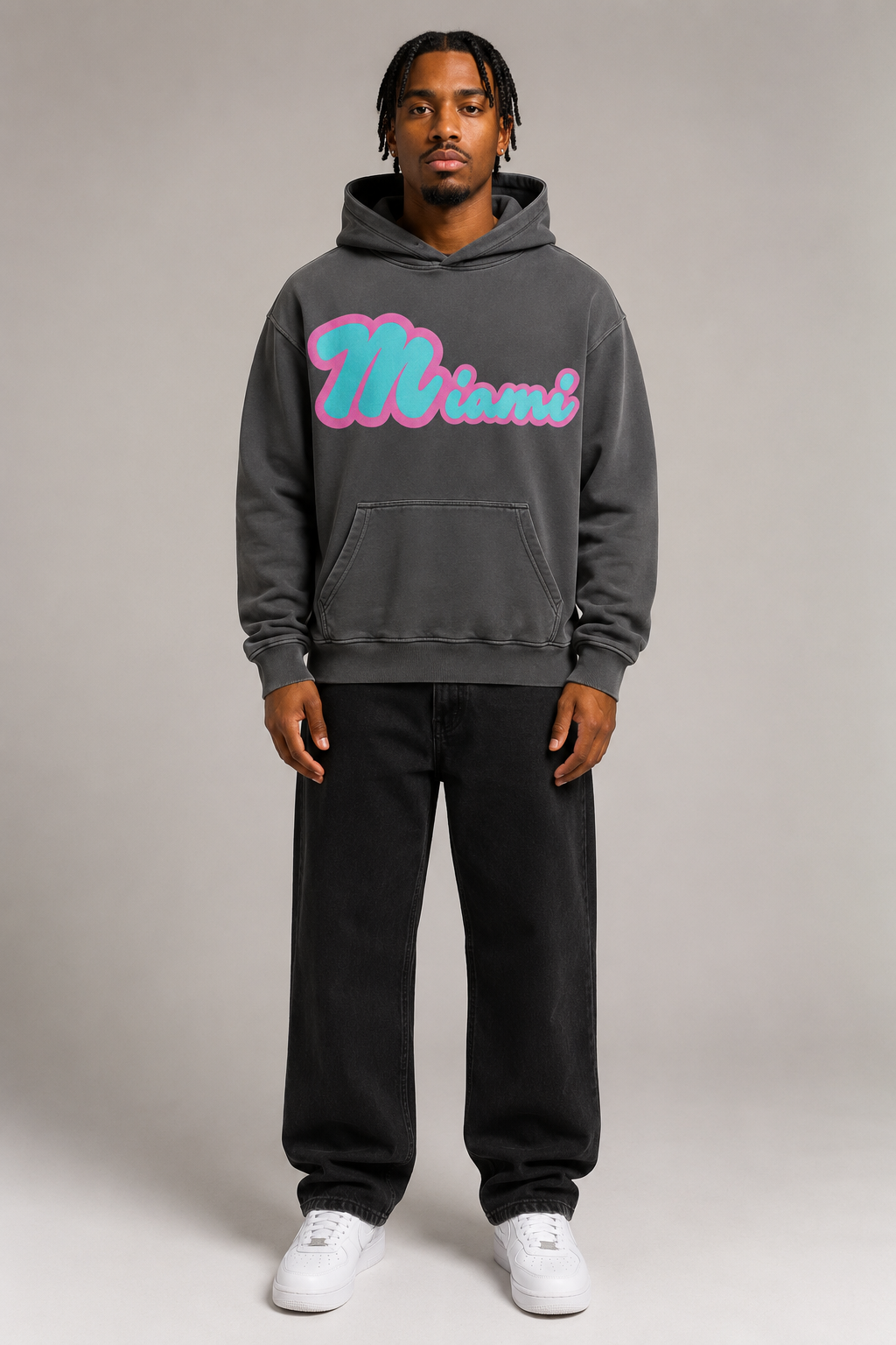 Miami Script Teal & Pink 440 GSM Heavyweight Washed Oversized Hoodie, Carbon Gray front-view full-body men’s studio model photo, Miami | City 2 City Wear