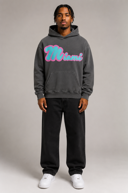 Miami Script Teal & Pink 440 GSM Heavyweight Washed Oversized Hoodie, Carbon Gray front-view full-body men’s studio model photo, Miami | City 2 City Wear