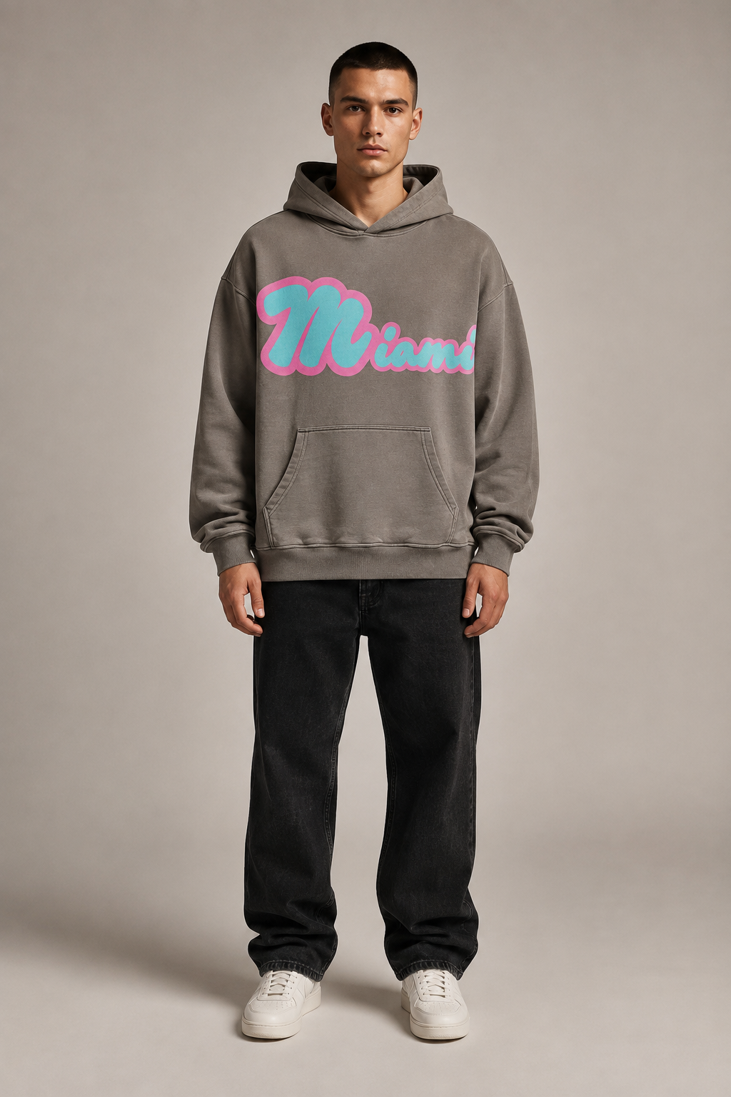 Miami Script Teal & Pink 440 GSM Heavyweight Washed Oversized Hoodie, Friar Gray front-view full-body men’s studio model photo, Miami | City 2 City Wear