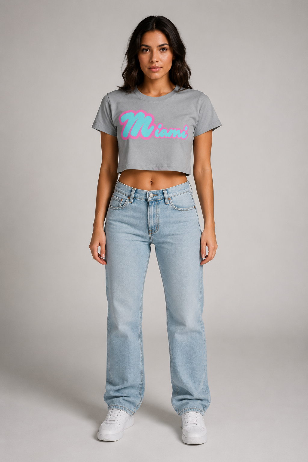 Miami Script Teal & Pink Women’s Crop T-Shirt, Light Gray front-view full-body women’s studio model photo, Miami | City 2 City Wear