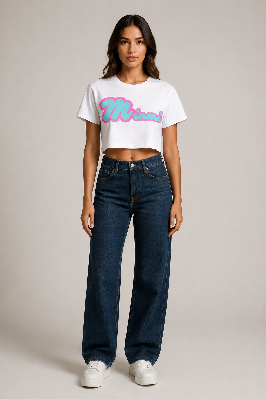 Miami Script Teal & Pink Women’s Crop T-Shirt, White front-view full-body women’s studio model photo, Miami | City 2 City Wear