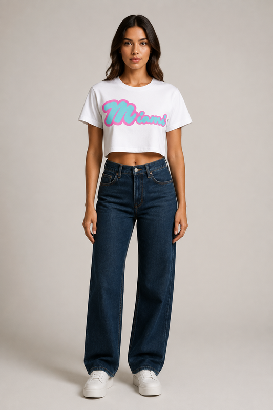 Miami Script Teal & Pink Women’s Crop T-Shirt, White front-view full-body women’s studio model photo, Miami | City 2 City Wear