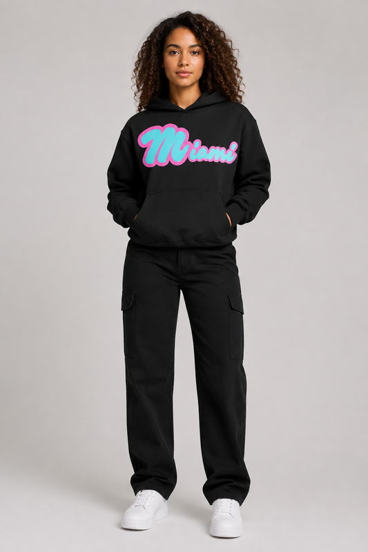 Miami Teal & Pink 400 GSM Women’s Sculpted Hoodie, Black front-view full-body women’s studio model photo, Miami | City 2 City Wear