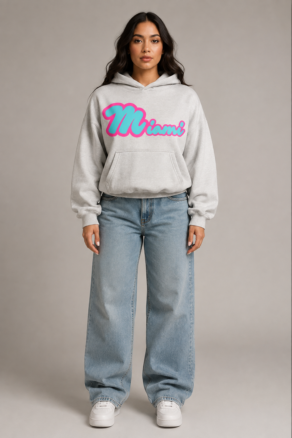 Miami Teal & Pink 400 GSM Women’s Sculpted Hoodie, Light Gray front-view full-body women’s studio model photo, Miami | City 2 City Wear