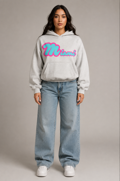 Miami Teal & Pink 400 GSM Women’s Sculpted Hoodie, Light Gray front-view full-body women’s studio model photo, Miami | City 2 City Wear