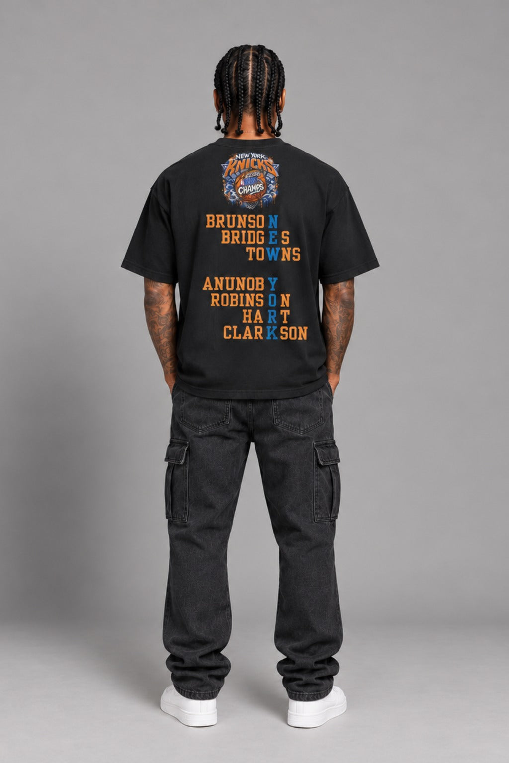 New York 2026 City Champions black 240 GSM heavyweight boxy T-shirt on male model – full-body back view | City 2 City Wear