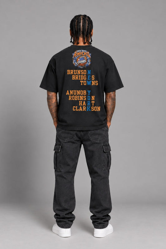 New York 2026 City Champions black 240 GSM heavyweight boxy T-shirt on male model – full-body back view | City 2 City Wear