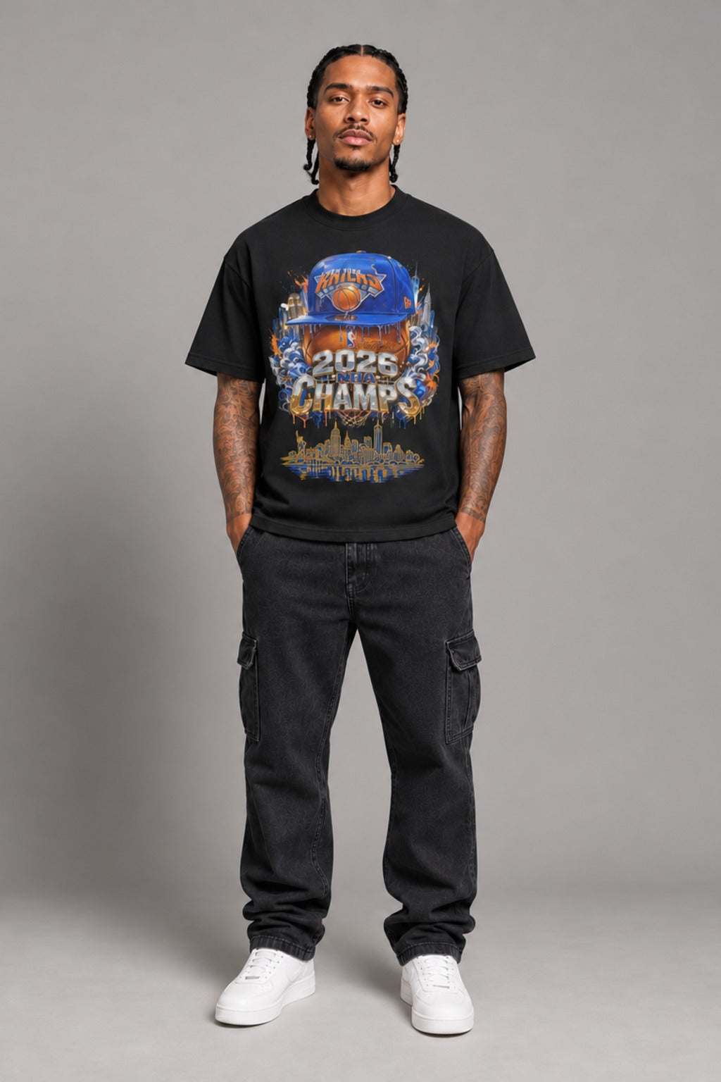 New York 2026 City Champions black 240 GSM heavyweight boxy T-shirt on male model – full-body front view | City 2 City Wear