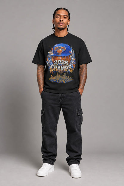 New York 2026 City Champions black 240 GSM heavyweight boxy T-shirt on male model – full-body front view | City 2 City Wear