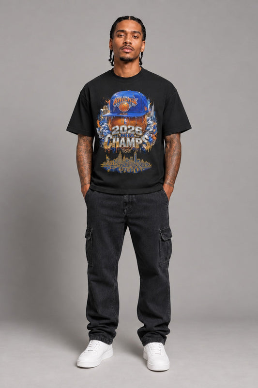 New York 2026 City Champions black 240 GSM heavyweight boxy T-shirt on male model – full-body front view | City 2 City Wear