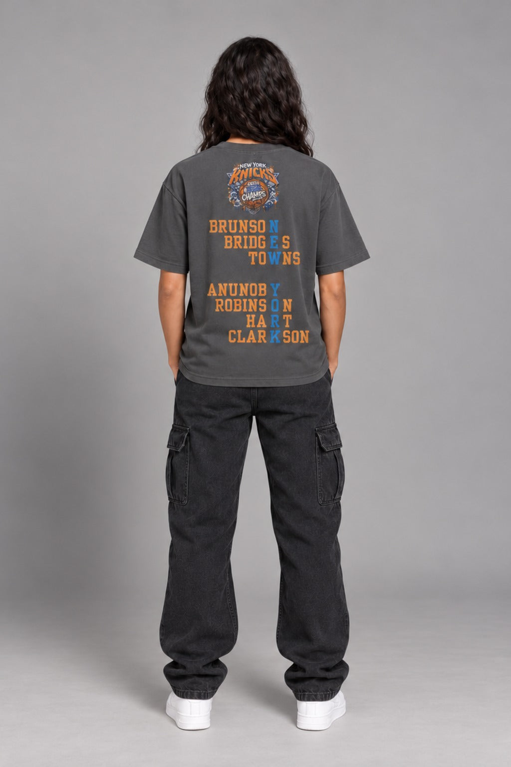 New York 2026 City Champions graphite gray 240 GSM heavyweight boxy T-shirt on female model – full-body back view | City 2 City Wear