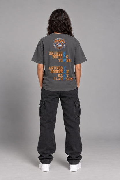 New York 2026 City Champions graphite gray 240 GSM heavyweight boxy T-shirt on female model – full-body back view | City 2 City Wear