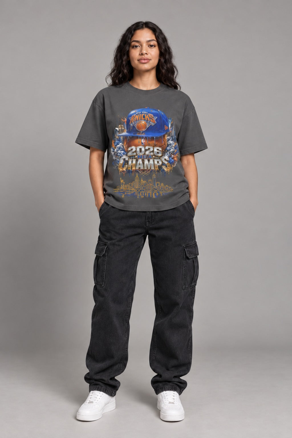 New York 2026 City Champions graphite gray 240 GSM heavyweight boxy T-shirt on female model – full-body front view | City 2 City Wear