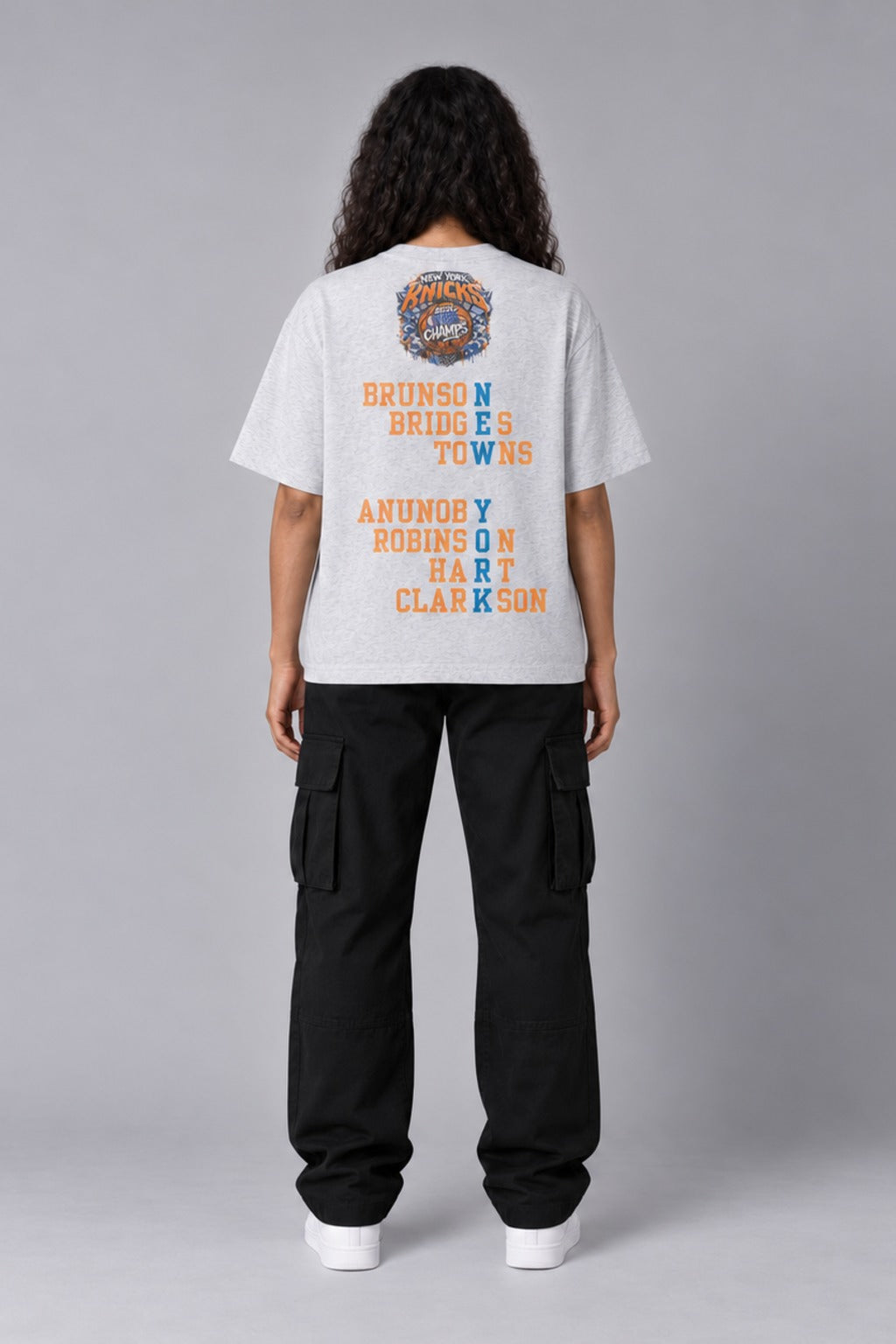 New York 2026 City Champions heather gray 240 GSM heavyweight boxy T-shirt on female model – full-body back view | City 2 City Wear