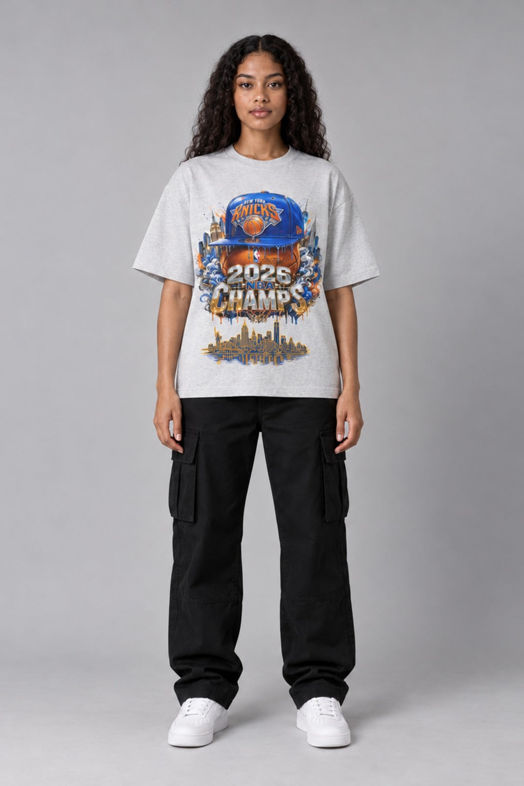 New York 2026 City Champions heather gray 240 GSM heavyweight boxy T-shirt on female model – full-body front view | City 2 City Wear