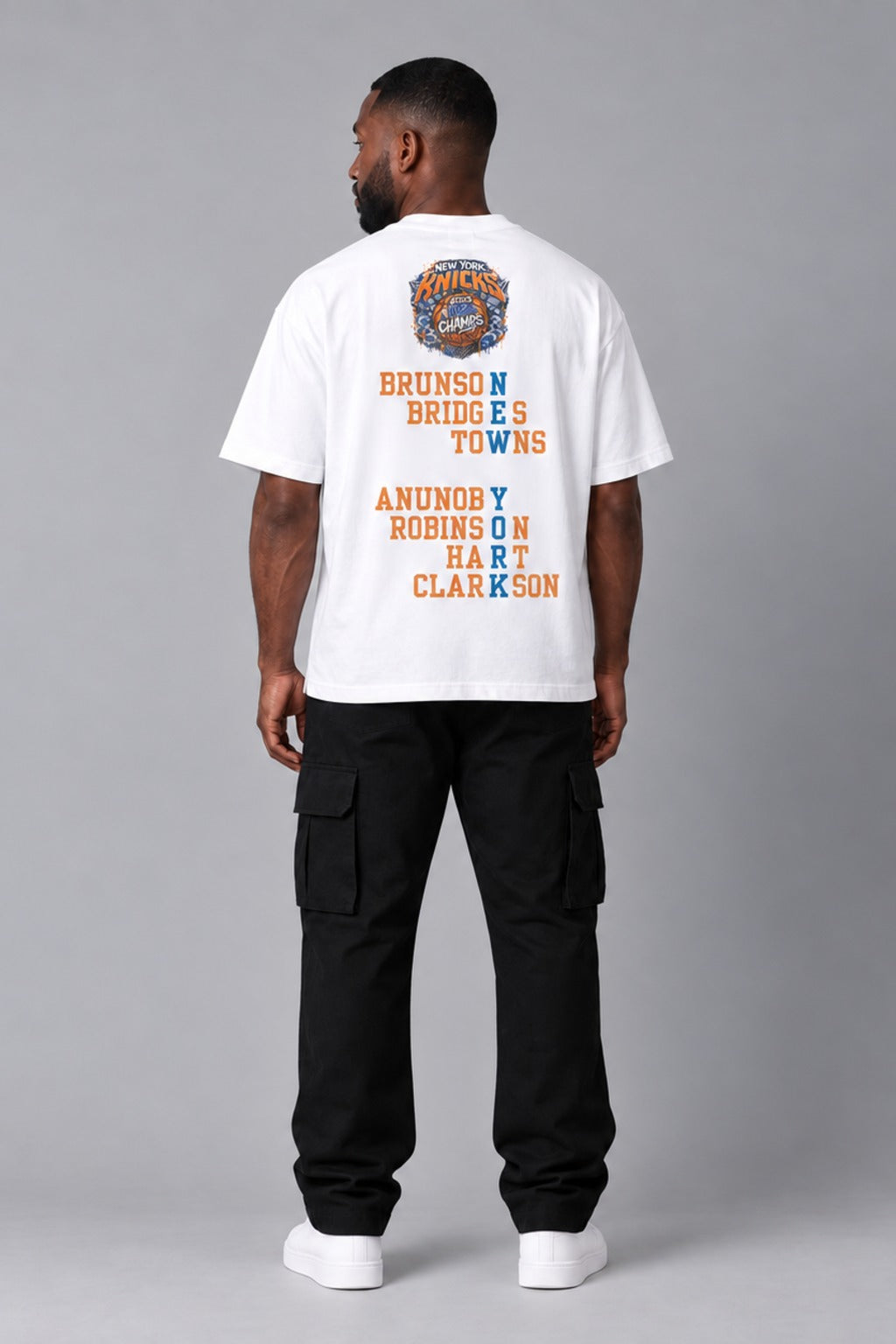 New York 2026 City Champions white 240 GSM heavyweight boxy T-shirt on male model – full-body back view | City 2 City Wear