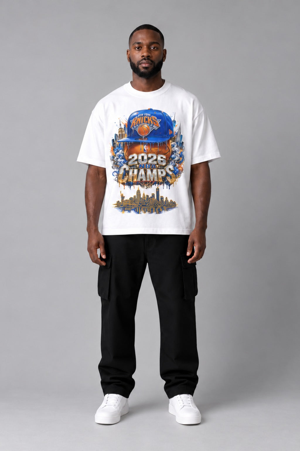 New York 2026 City Champions white 240 GSM heavyweight boxy T-shirt on male model – full-body front view | City 2 City Wear