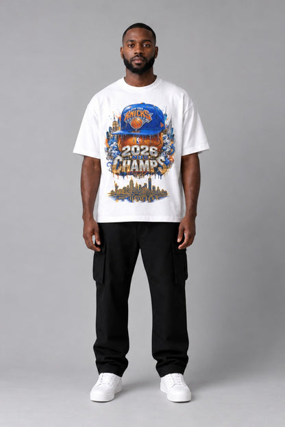 New York 2026 City Champions white 240 GSM heavyweight boxy T-shirt on male model – full-body front view | City 2 City Wear
