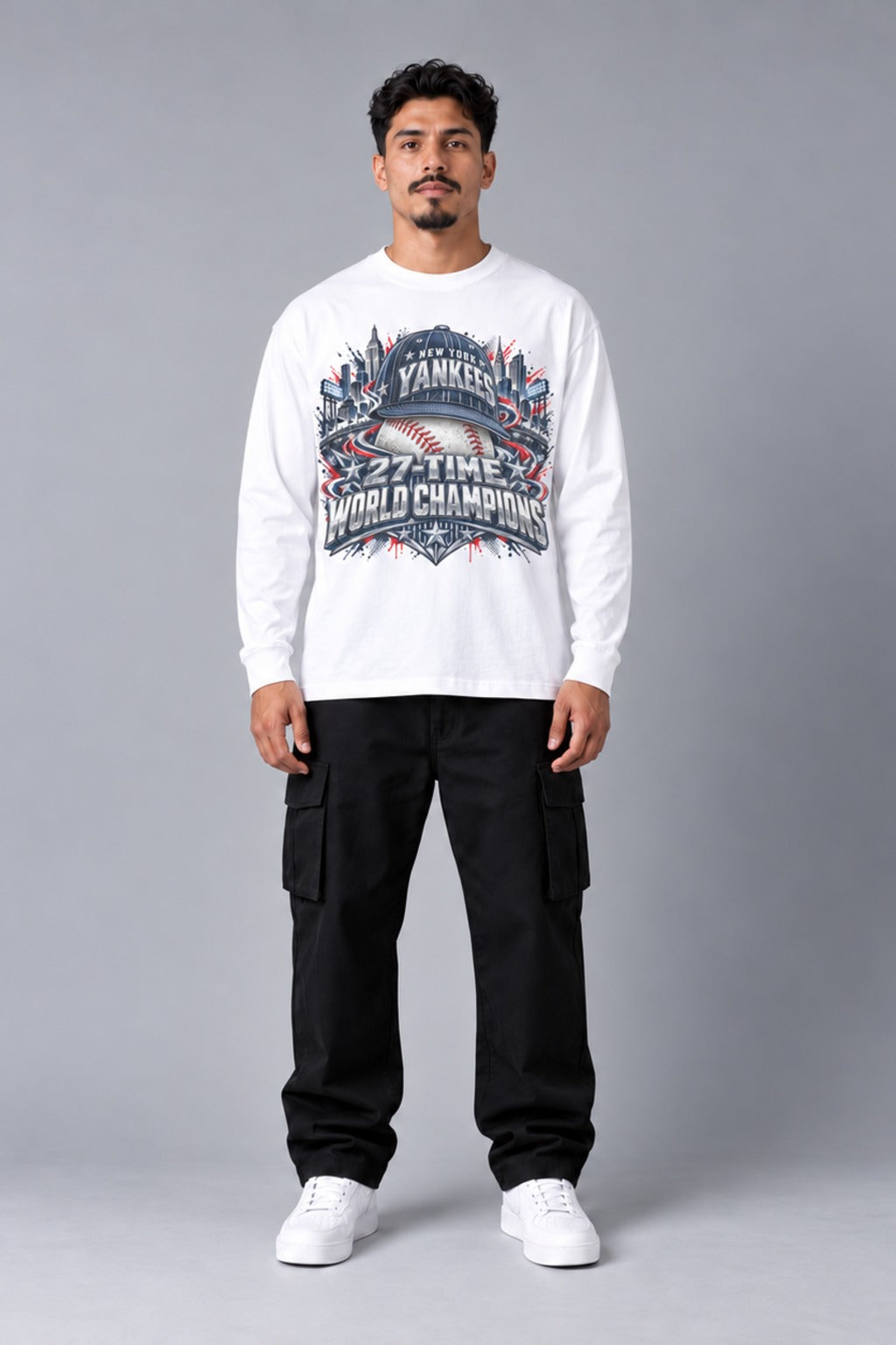New York 27-Time City Champions white 220 GSM long-sleeve T-shirt on male model – full-body front view | City 2 City Wear