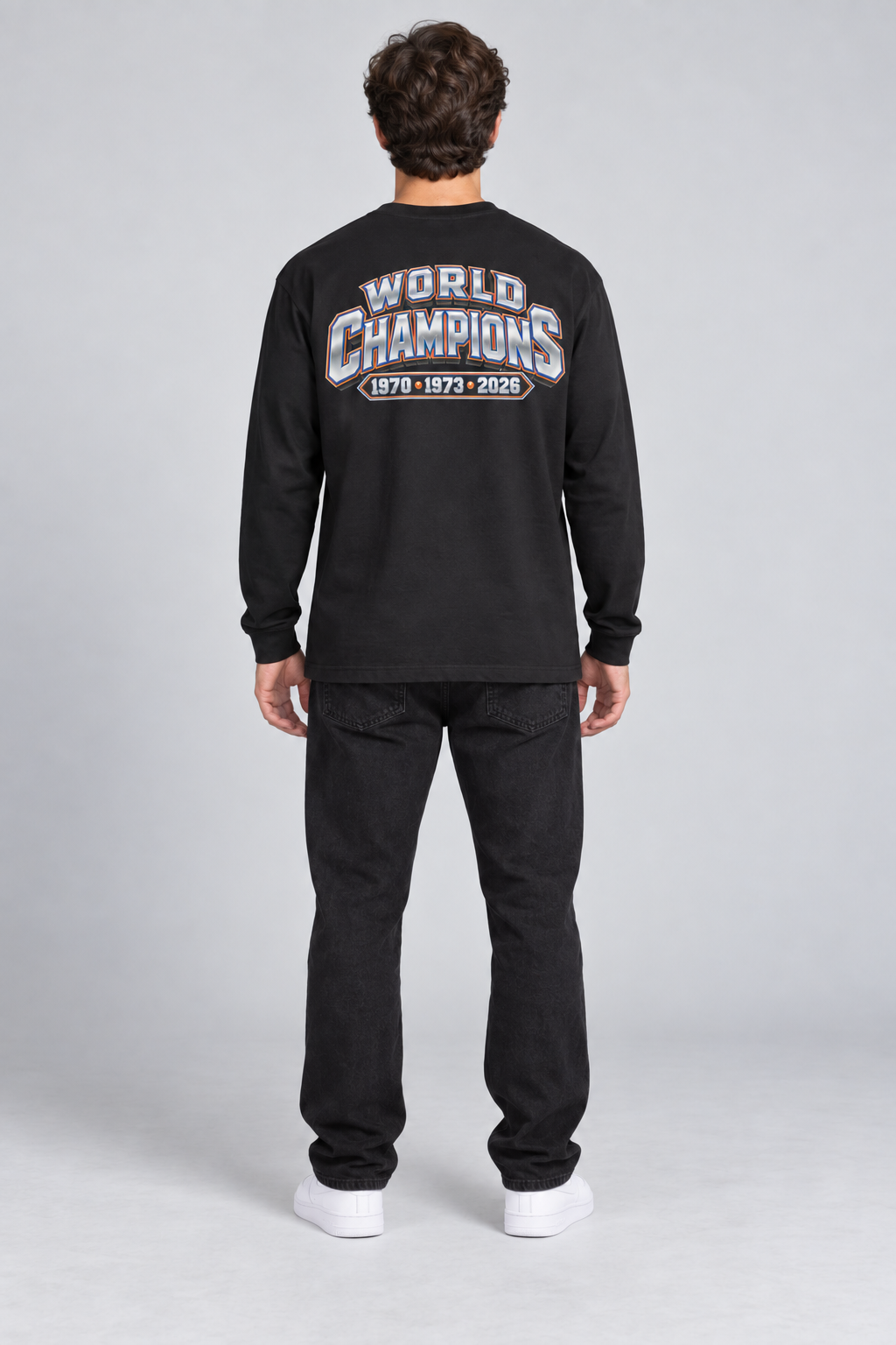 New York 3-Time City Champions black 220 GSM long-sleeve T-shirt on male model – full-body back view | City 2 City Wear