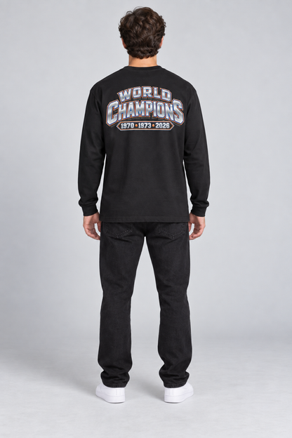 New York 3-Time City Champions black 220 GSM long-sleeve T-shirt on male model – full-body back view | City 2 City Wear