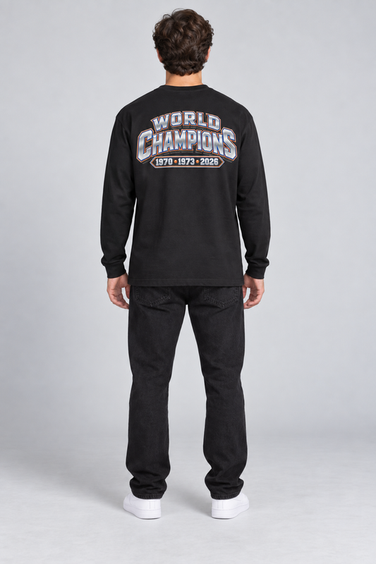 New York 3-Time City Champions black 220 GSM long-sleeve T-shirt on male model – full-body back view | City 2 City Wear