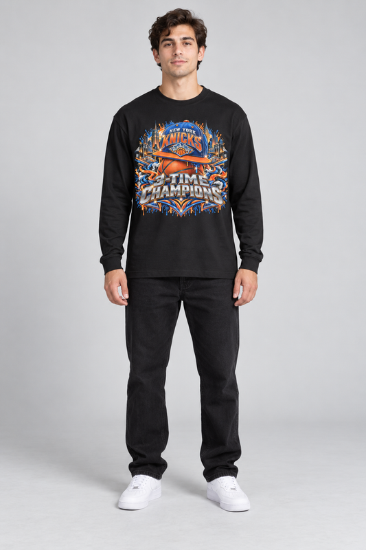 New York 3-Time City Champions black 220 GSM long-sleeve T-shirt on male model – full-body front view | City 2 City Wear